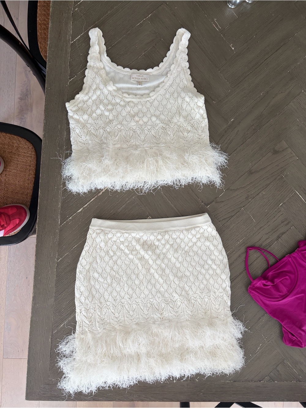 Ramy Brook White Knit Feather Trim Two-Piece Mini Set